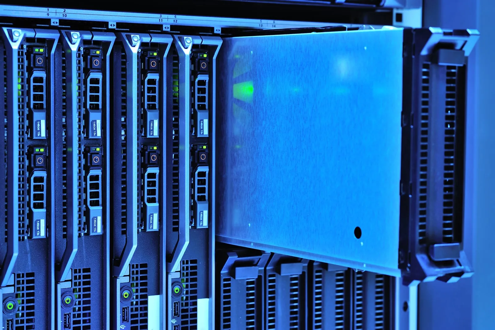 Server rack with one drive partially removed